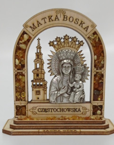 Matka Boska Częstochowska w bursztynowej ramce, wysokość 10 cm