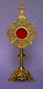 Relikwiarz barokowy, do wyboru mosiądz, mosiądz srebrzony lub złocony, wysokość 35 cm
