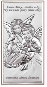 Obrazek srebrny Aniołki nad dzieckiem z podpisem, prostokątny - GRAWER GRATIS !