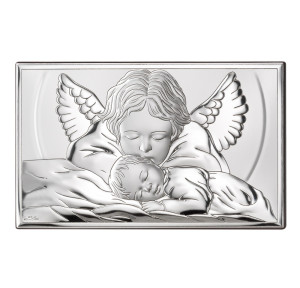 Obrazek srebrny Aniołek całujący śpiące dziecko, prostokątny - GRAWER GRATIS !