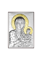Obrazek srebrny z wizerunkiem Matki Bożej Częstochowskiej, prostokątny ze złoceniami 