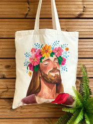 Torba bawełniana Hand Made Jezus w kwiecistej koronie