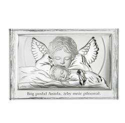 Obrazek srebrny Aniołek całujący śpiące dziecko na białym drewienku z podpisem, prostokątny