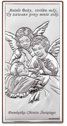 Obrazek srebrny Aniołki nad dzieckiem z podpisem, prostokątny 