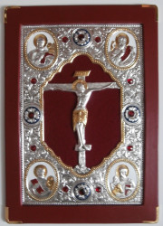 Skórzana okładka na ewangeliarz, zdobiona ikonami i haftem