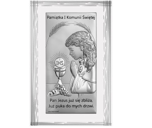Obrazek srebrny na pamiątkę I Komunii Św. z dziewczynką na białym zdobionym drewnie, prostokątny - GRAWER GRATIS !