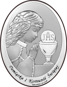 Obrazek srebrny na pamiątkę I Komunii Św. z dziewczynką z podpisem, owalny