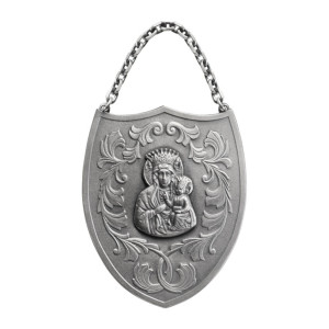 Ryngraf srebrny z Matką Boską Częstochowską, w tle liście akantu