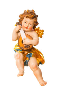 Aniołek trzymający mandolinę, rzeźba antyczna złocona, wysokość 30 cm