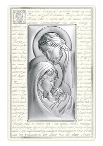 Obrazek srebrny z wizerunkiem Św. Rodziny na białym drewnie, z modlitwą w tle