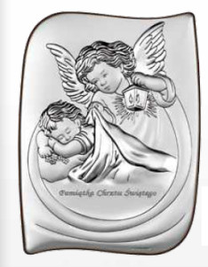 Obrazek srebrny Aniołek z latarenką nad dzieckiem z tekstem 