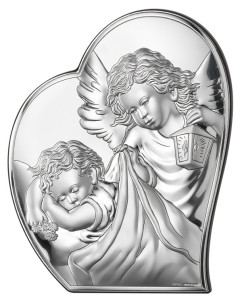Obrazek srebrny Aniołek z latarenką nad dzieckiem z modlitwą z tyłu