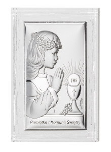 Obrazek srebrny na pamiątkę I Komunii Św. z dziewczynką, na białym zdobionym drewnie, prostokątny