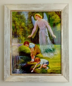 Obraz na desce,  Anioł Stróż i Dzieci 18 x 23  cm