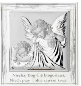 Obrazek srebrny z wizerunkiem Aniołka z latarenką na białym, zdobionym drewnie, z dedykacją - GRAWER GRATIS !