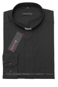 Koszula Kapłańska, czarna, długi rękaw, popelina - BLACK&PURPLE 
