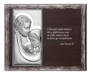 Obrazek srebrny z wizerunkiem Św. Rodziny na brązowym prostokątnym panelu z cytatem