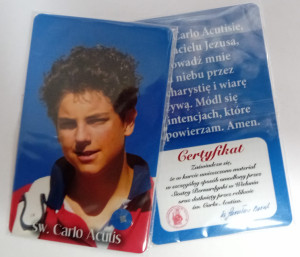 Karta św. Carlo Acutis z relikwiami III stopnia