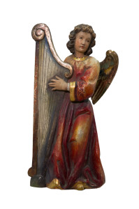 Anioł stojący z harfą, rzeźba antyczna złocona, wysokość 45 cm