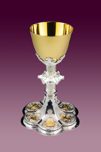 Kielich mszalny gotycki, mosiądz złocony, mosiądz srebrzony, wys. 22 cm