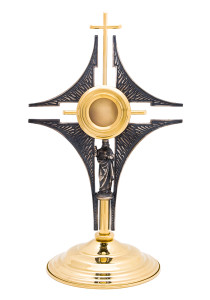Relikwiarz z wizerunkiem Jezusa, mosiężny, złocony i srebrzony, średnica kapsuły 3,7 cm, wysokość 30 cm