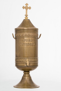 Naczynie na Wodę Święconą z mosiądzu na podstawie mosiężnej z kranikiem