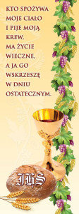 Baner na Boże Ciało "Kto spożywa moje ciało i pije moją krew, ma życie wieczne" 75x200 cm