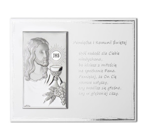 Obrazek srebrny na pamiątkę I Komunii Św. z Jezusem na białym zdobionym panelu z cytatem - GRAWER GRATIS !