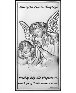 Obrazek srebrny Aniołek z latarenką z modlitwą, prostokątny