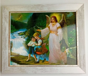 Obraz na desce,  Anioł Stróż i Dziećmi na klatce 25 x 30  cm