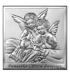 Obrazek srebrny z wizerunkiem Aniołków nad dzieckiem z podpisem "Pamiątka Chrztu Świętego"