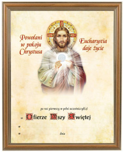 Obrazek komunijny w ramce z personalizacją Powołani w pokoju Chrystusa - Pamiątka I Komunii Świętej 