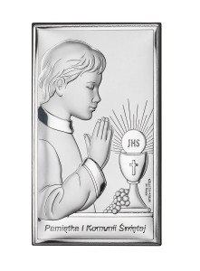 Obrazek srebrny na pamiątkę I Komunii Św. z chłopczykiem, prostokątny