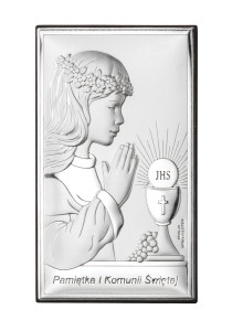Obrazek srebrny na pamiątkę I Komunii Św. z dziewczynką, prostokątny