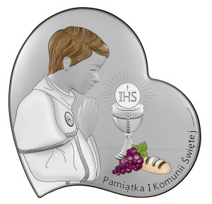 Obrazek srebrny na pamiątkę I Komunii Św. z chłopczykiem