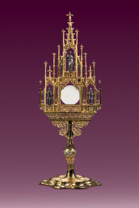 Monstrancja gotycka, mosiężna, pozłacana i posrebrzana, wysokość  61  cm
