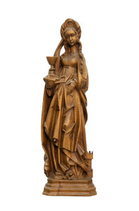 Święta Barbara, drewniana rzeźba bejcowana, wysokość 60 cm