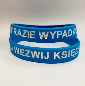 Opaska silikonowa "W razie wypadku wezwij księdza" kolor niebieski