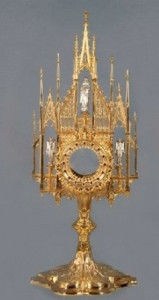 Monstrancja gotycka z melchizedekiem w komplecie, mosiężna złocona lub błyszcząca, wysokość 53 cm