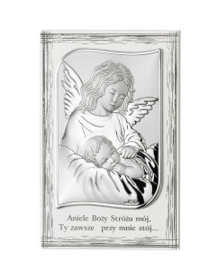 Obrazek srebrny Aniołek nad śpiącym dzieckiem na białym drewnie z podpisem - GRAWER GRATIS !