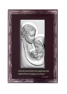 Obrazek srebrny z wizerunkiem Św. Rodziny na brązowym prostokątnym panelu z cytatem - GRAWER GRATIS !