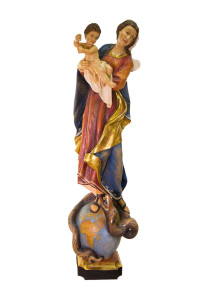 Madonna na kuli, drewniana rzeźba antyczna, wysokość 105 cm