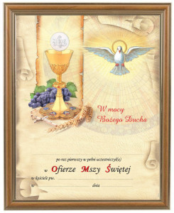 Obrazek komunijny w ramce z personalizacją Duch Święty - Pamiątka I Komunii Świętej 