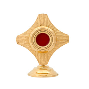 Relikwiarz w kształcie krzyża, mosiężny złocony, średnica kapsuły 3,7 cm, wysokość 15 cm