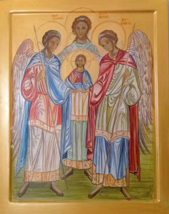 Ikona Archaniołów -  Michała, Rafała i Gabriela  trzymających Pana Jezusa