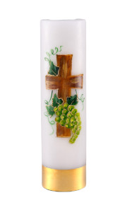 Świeca ołtarzowa na wkład olejowy, ręcznie malowana z krzyżem i winogronem,  wys. 30/7cm 