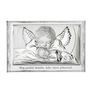 Obrazek srebrny Aniołek całujący śpiące dziecko na białym drewienku z podpisem, prostokątny - GRAWER GRATIS !
