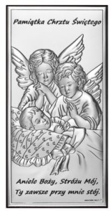 Obrazek srebrny Aniołki nad dzieckiem z podpisem, prostokątny, GRAWER GRATIS!