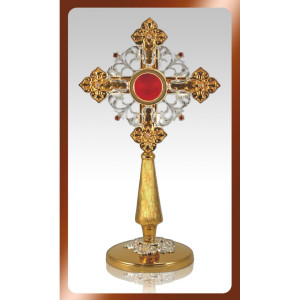 Relikwiarz w kształcie krzyża, mosiężny, złocony, wysokość 40 cm