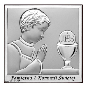 Obrazek srebrny na pamiątkę I Komunii Św. z chłopczykiem z podpisem, kwadratowy